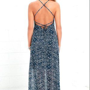 Lulus Navy Blue Print Maxi Dress Open Back EUC